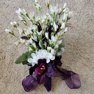 Bridal Bride Bouquet Dark Purple Orchids White Flowers and Feathers